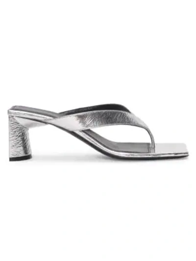 Shop Balenciaga Double Square Metallic Leather Thong Sandals In Silver