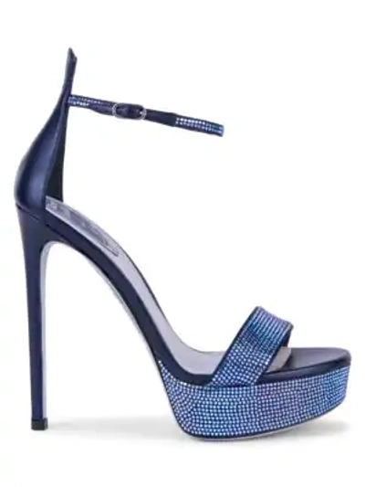 Shop René Caovilla Celebrita Crystal-embellished Satin Platform Sandals In Blue