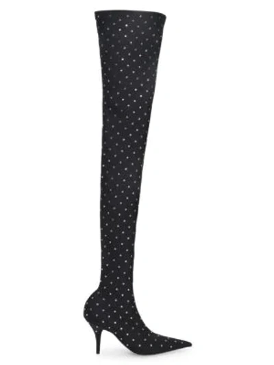 Shop Balenciaga Knife Crystal-embellished Satin Thigh-high Boots In Black