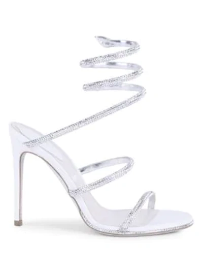 Shop René Caovilla Cleo Ankle-wrap Crystal-embellished Satin Sandals In Grey