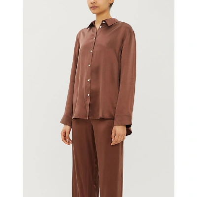 Shop Asceno Long-sleeved Silk Pyjama Top In Brown
