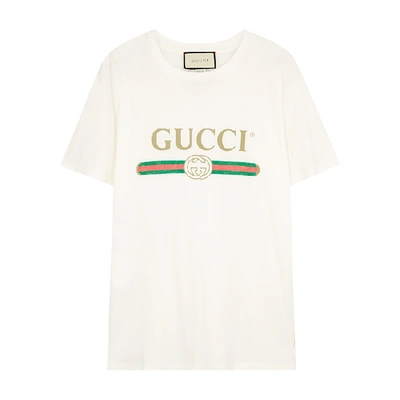Gucci White Floral Patch Logo T-shirt In Ivory And Other