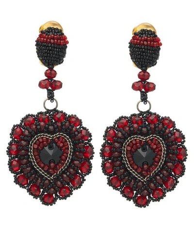 Shop Oscar De La Renta Beaded Heart Drop Earrings In Cayenne
