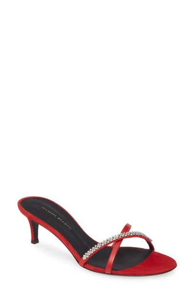 Shop Giuseppe Zanotti Jewel Slide Sandal In Red/ Silver