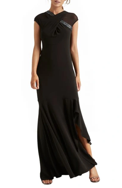 Shop Halston Heritage Crossover Embellished Asymmetrical Gown In Black