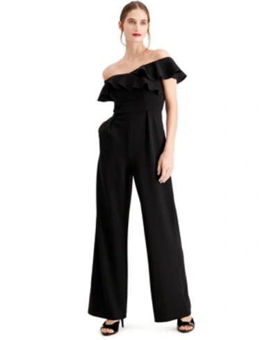 Shop Calvin Klein Ruffled Off-the-shoulder Jumpsuit In Black