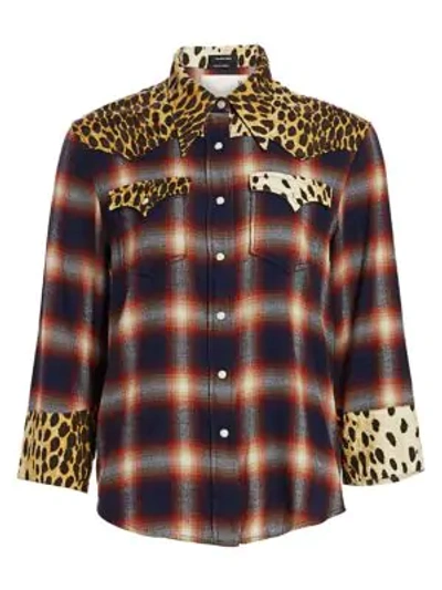 Shop R13 Exaggerated Collar Cowboy Sport Shirt In Red Navy Plaid Cheetah