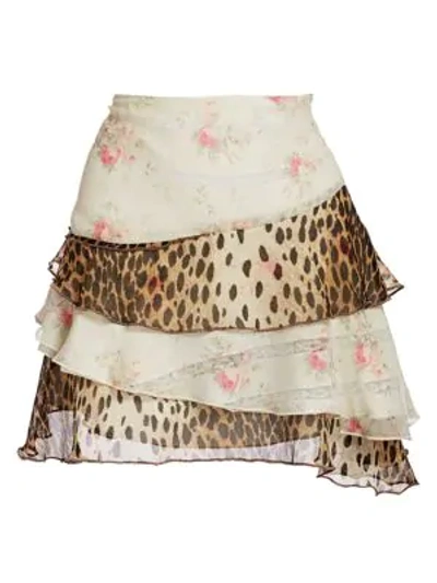 Shop R13 Women's Mixed Print Floral & Leopard Print Flounce Skirt In Pale Floral Cheetah