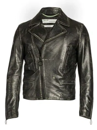 Shop Off-white Leather Biker Jacket In Black Grey