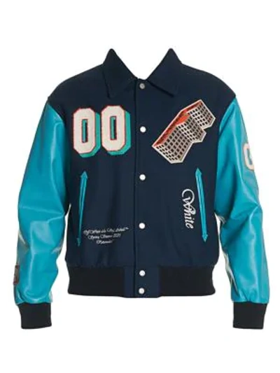 Shop Off-white Leather Varsity Jacket In Blue Multi