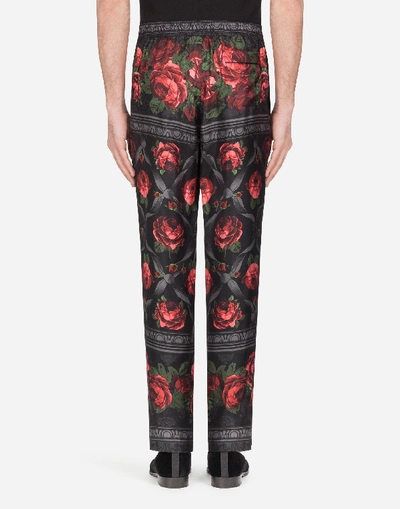 Shop Dolce & Gabbana Silk Pajama Pants With Rose Print In Floral Print