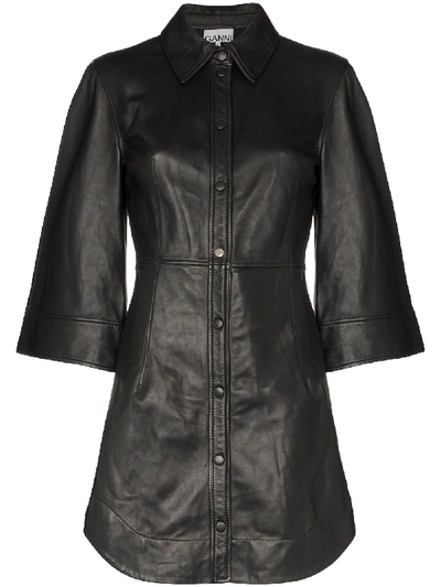 Shop Ganni Wide-sleeve Leather Mini Dress In Black