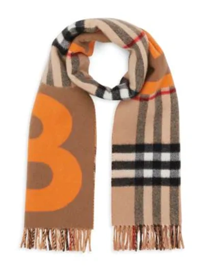 Shop Burberry Check & B Motif Wool Cashmere Scarf In Orange