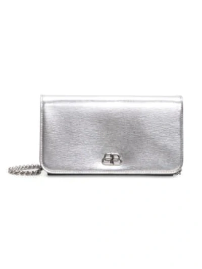 Shop Balenciaga Bb Metallic Leather Phone-case-on-chain In Silver