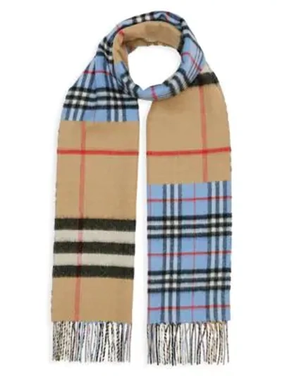 Shop Burberry Contrast Check Cashmere Merino Wool Jacquard Scarf In Opal Blue