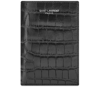 Shop Saint Laurent Embossed Croc Credit Card Wallet In Black