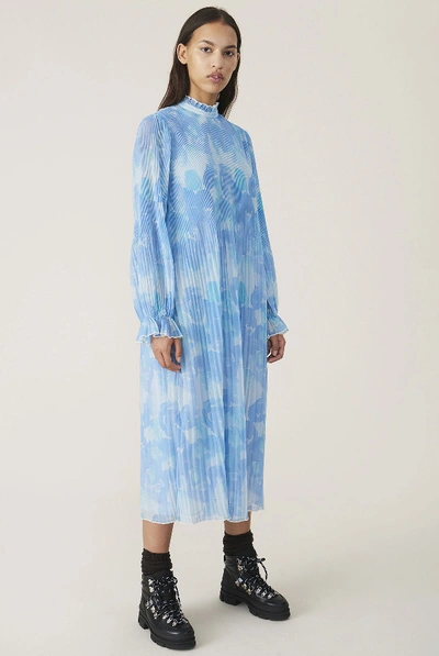 Ganni Pleated Georgette Dress Forever Blue | ModeSens