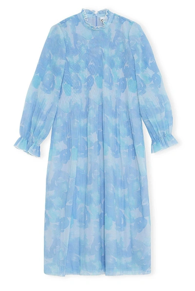 Shop Ganni Pleated Georgette Dress Forever Blue