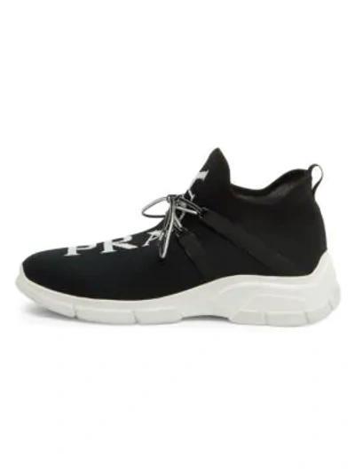 Shop Prada Men's Logo Knit Row Sneakers In Black White