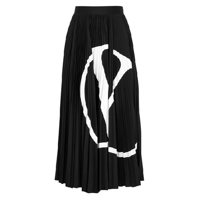 Shop Valentino Vlogo Black Pleated Midi Skirt In Black And White