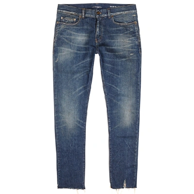 Shop Saint Laurent Dark Blue Distressed Skinny Jeans In Denim