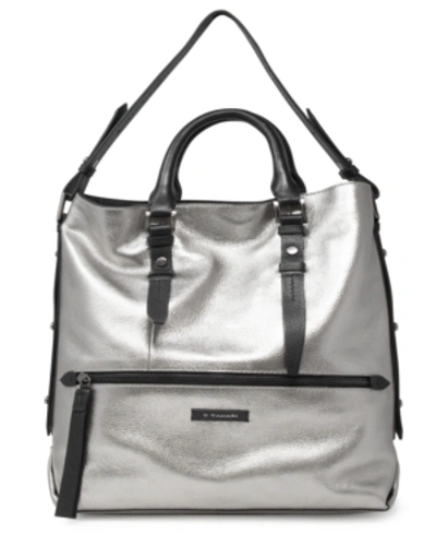 Shop T Tahari Parker Leather Tote In Silver/silver