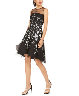 tahari embroidered fit and flare dress