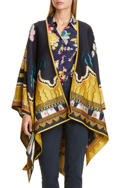 Shop Etro Jacquard Wool Blend Open Front Poncho In Navy