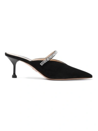 Shop Prada 65 Crystal-embellished Suede Mules In Black