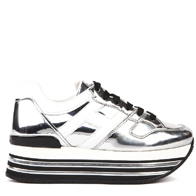 Shop Hogan Midi Platform Laminate Silver Leather Sneaker In Black