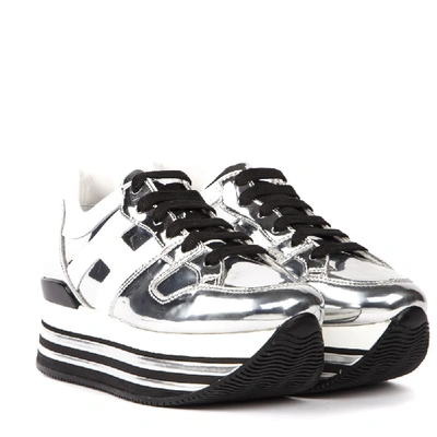 Shop Hogan Midi Platform Laminate Silver Leather Sneaker In Black