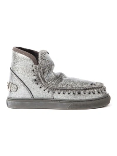 Shop Mou Eskimo Silver Glitter Leather Sneaker Ankle Boot  <br> In Grey