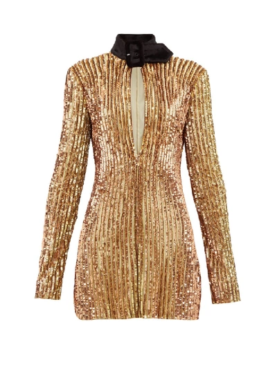 Shop Attico Velvet-collar Sequinned Mini Dress In Gold