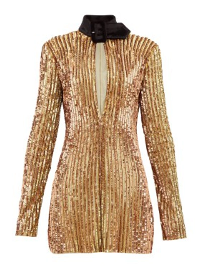 Shop Attico Velvet-collar Sequinned Mini Dress In Gold