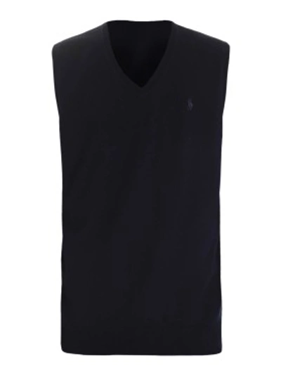 Shop Polo Ralph Lauren Logo Embroidery Wool Vest In Black