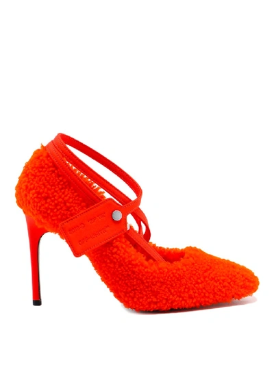 Shop Off-white Furry Zip Tie Neon Shearling Pumps In Orange