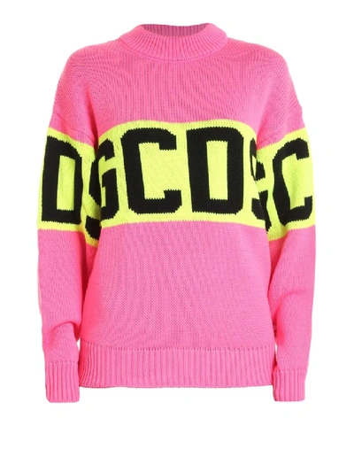 Shop Gcds Maxi Logo Intarsia Fluo Pink Sweater