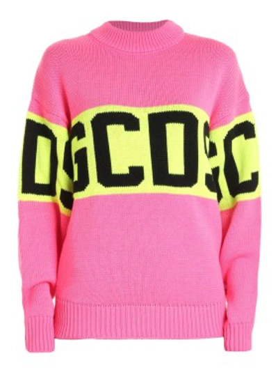 Shop Gcds Maxi Logo Intarsia Fluo Pink Sweater