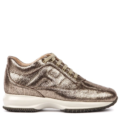 Shop Hogan Interactive Gold Leather Sneaker In Neutrals