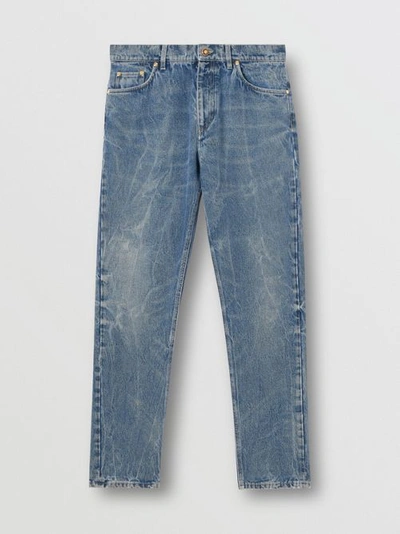 Shop Burberry Straight Fit Distressed Denim Jeans In Mid Indigo Blue