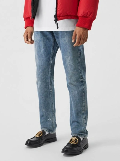 Shop Burberry Straight Fit Distressed Denim Jeans In Mid Indigo Blue