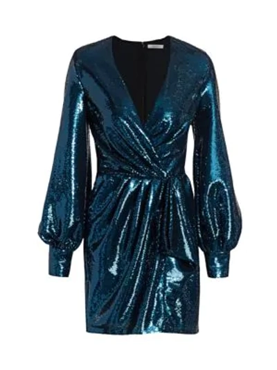 Shop Amen Balloon-sleeve Paillette Faux Wrap Dress In Blue