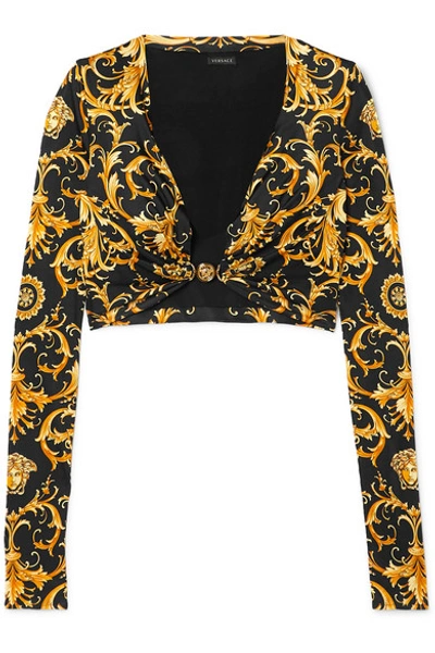Shop Versace Cropped Embellished Printed Satin-jersey Top In Black