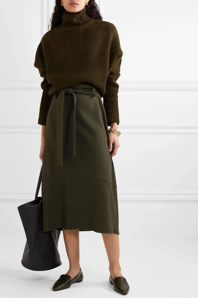 Shop Vince Belted Wool-blend Midi Skirt In Army Green