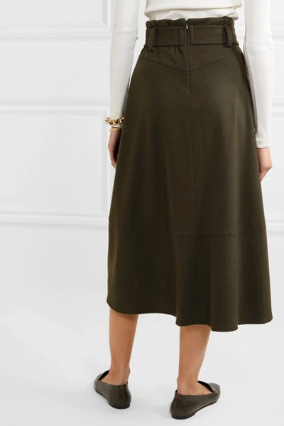 Shop Vince Belted Wool-blend Midi Skirt In Army Green