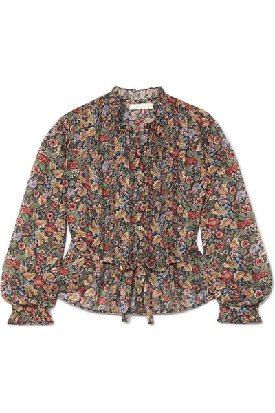 Shop Doen Cezanne Belted Floral-print Cotton-voile Blouse In Black