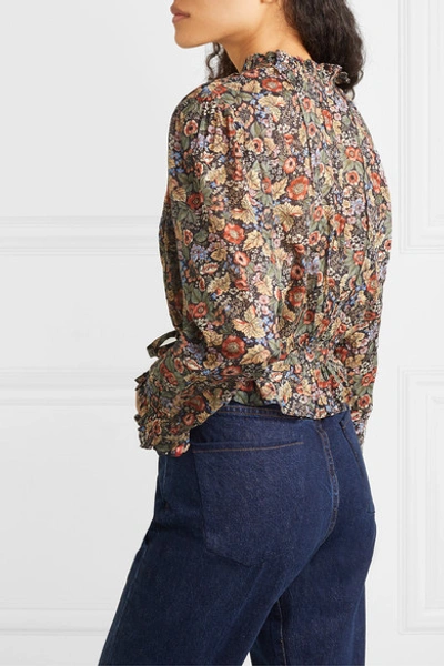 Shop Doen Cezanne Belted Floral-print Cotton-voile Blouse In Black