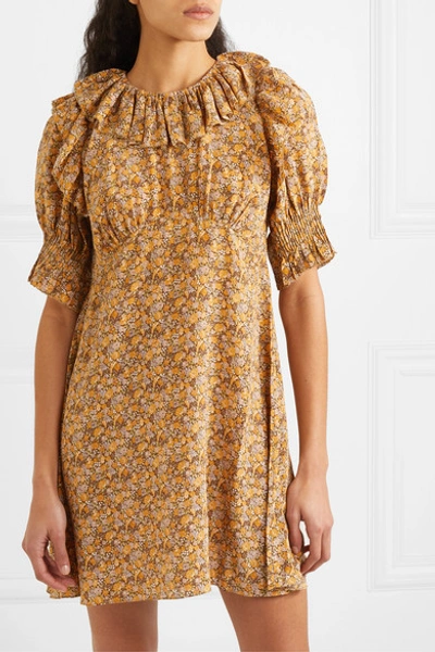 Shop Doen Baudoin Ruffled Floral-print Silk Crepe De Chine Mini Dress In Mustard