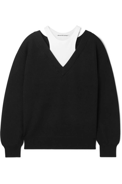 Shop Alexander Wang T Layered Merino Wool And Stretch Cotton-jersey Sweater In Black