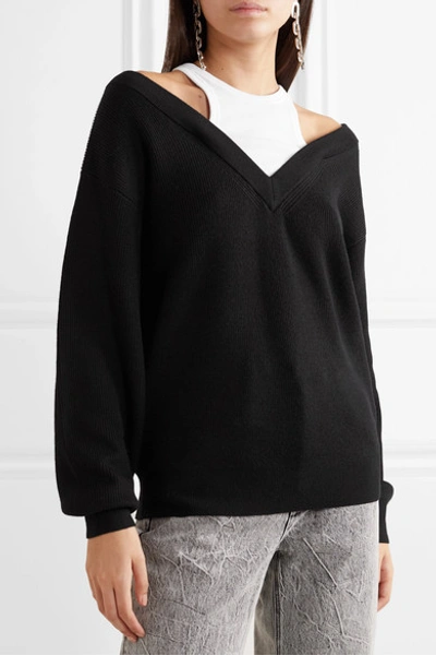 Shop Alexander Wang T Layered Merino Wool And Stretch Cotton-jersey Sweater In Black